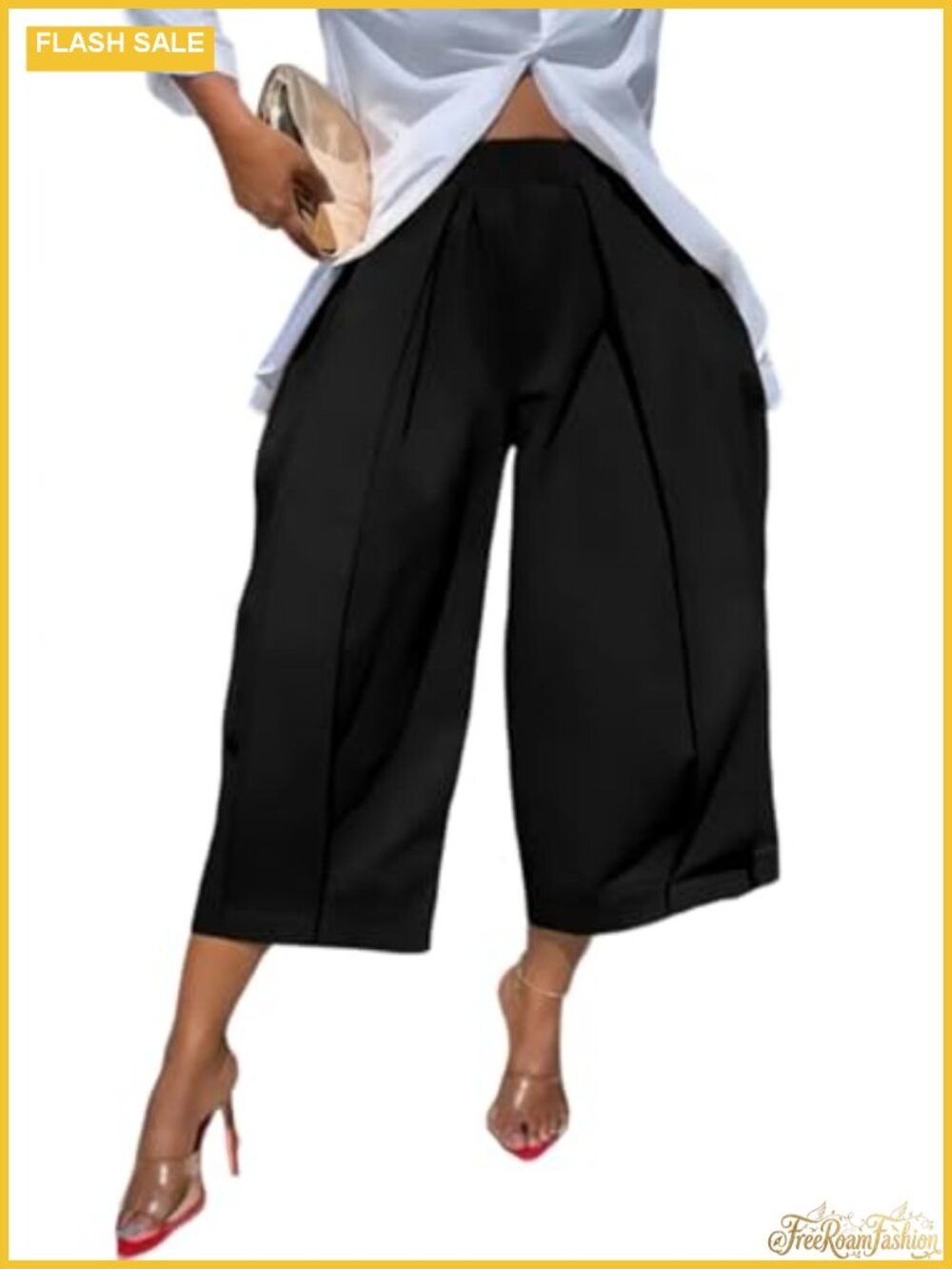 Wide Leg Capri Dress Pants High Waist Pleated Cropped Pull On
